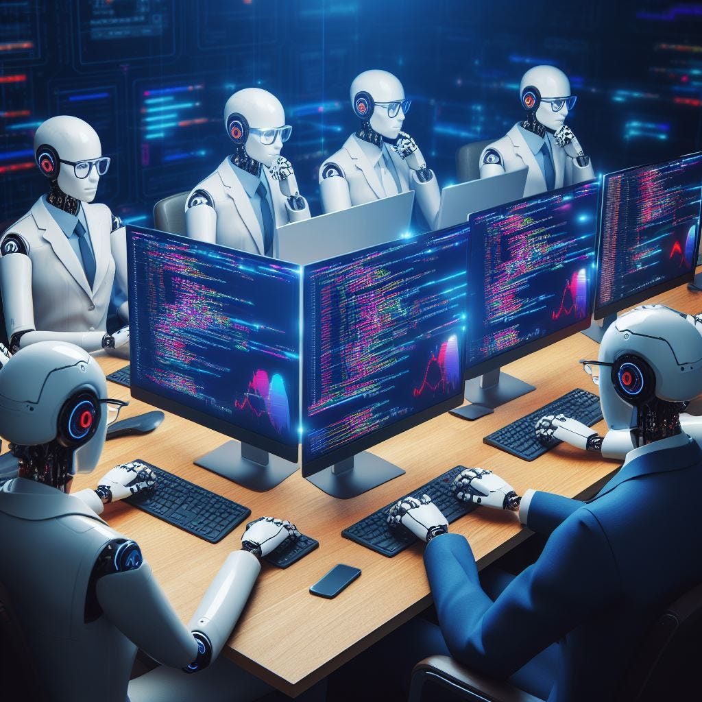 Human developer collaborating with multiple autonomous AI coding agents generating and testing code.