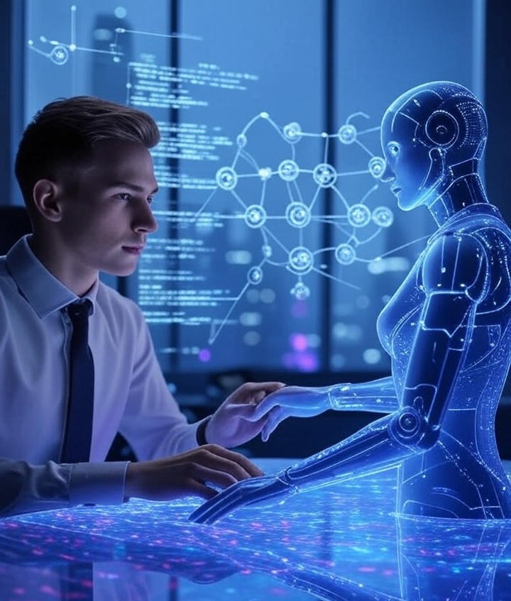 Futuristic concept art showing a human developer and an AI assistant collaboratively coding using holographic interfaces, symbolizing the AI-native era of programming.