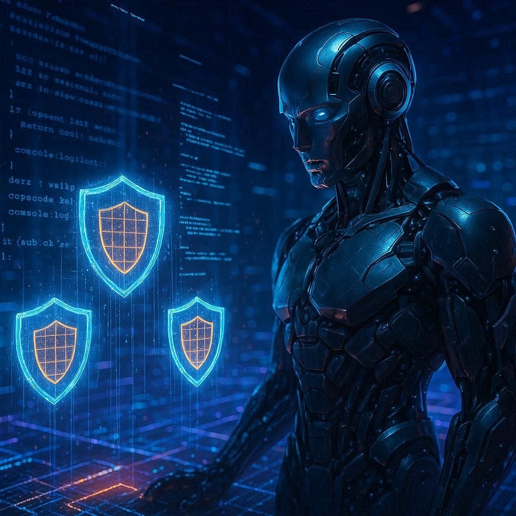 highly detailed cinematic illustration of a futuristic AI-powered cybersecurity defense system in 2030