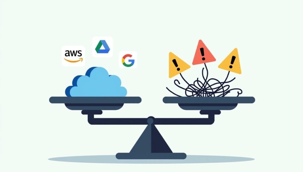 Illustration showing a balance scale of multi-cloud benefits vs limitations.