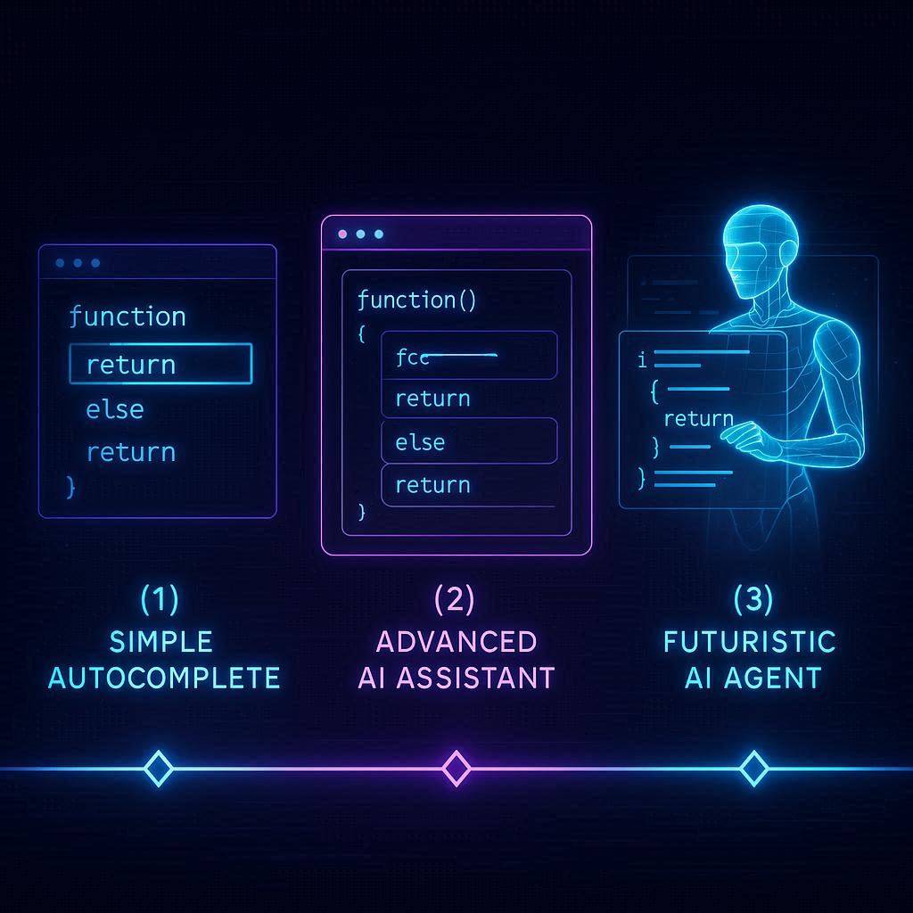 Timeline showing evolution of AI coding tools: autocomplete, coding assistant, and autonomous AI agent