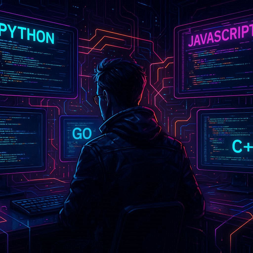 A programmer at a desk surrounded by screens showing different programming languages interconnected with colorful lines, representing the benefits of being a polyglot programmer.

