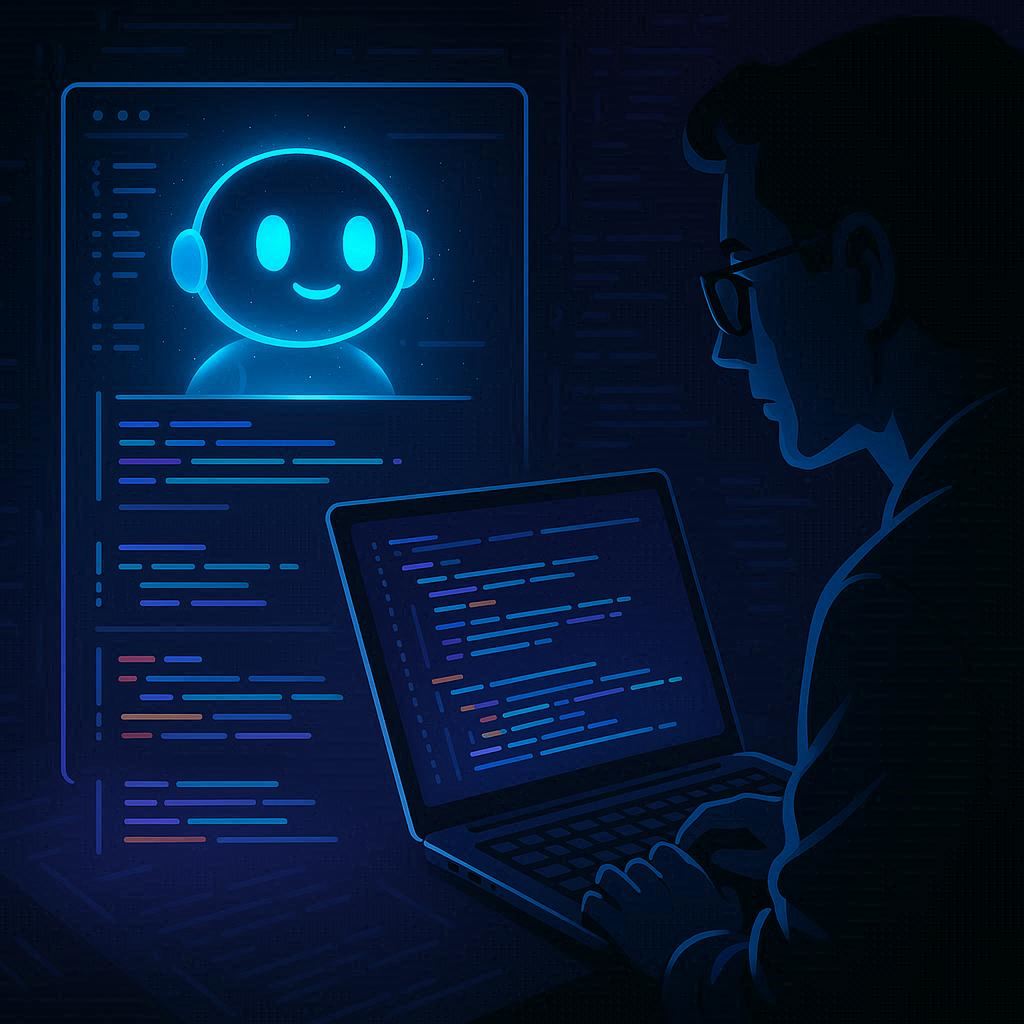Developer reviewing AI-generated full code blocks with a glowing assistant embedded in the IDE.