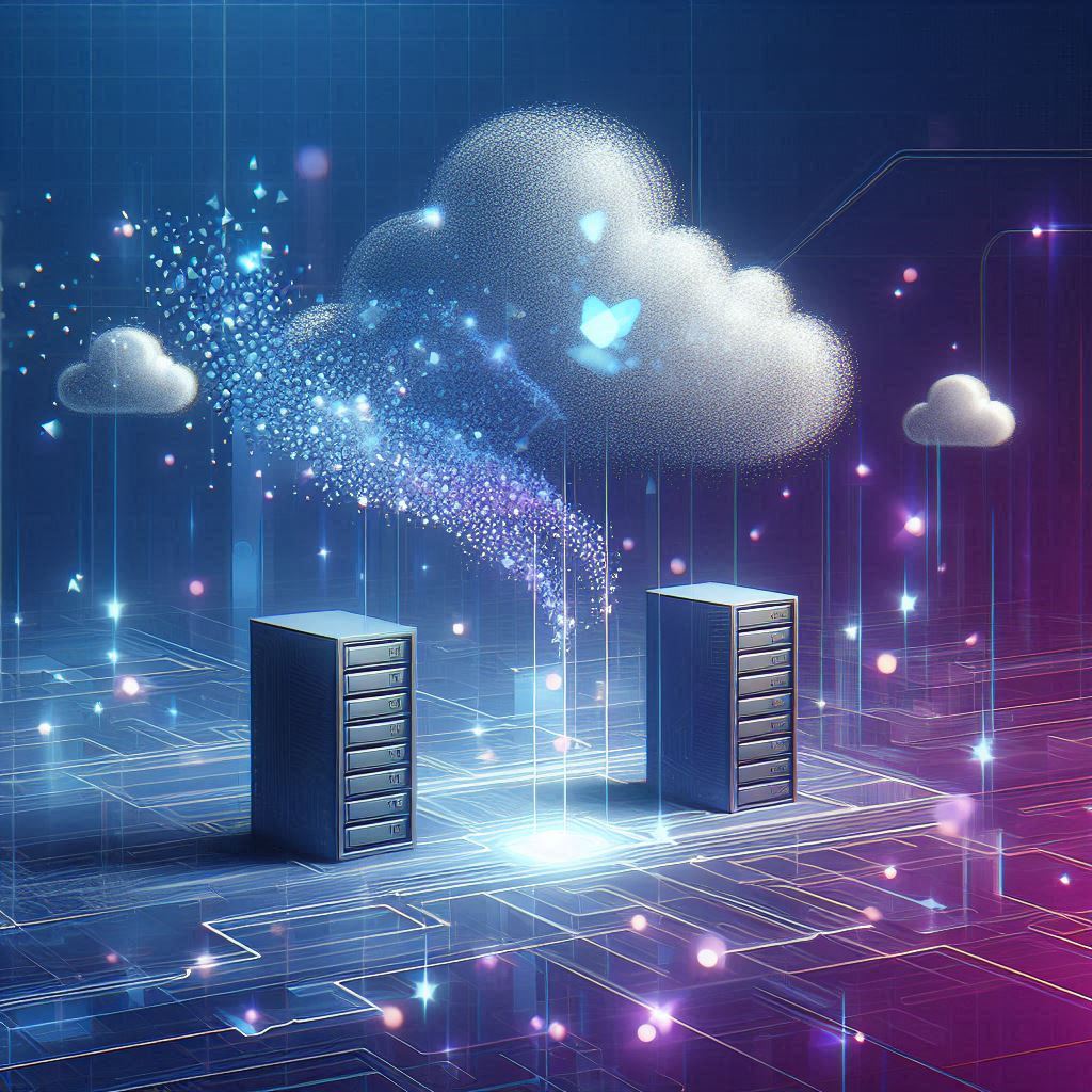 Futuristic illustration of serverless computing with servers dissolving into the cloud