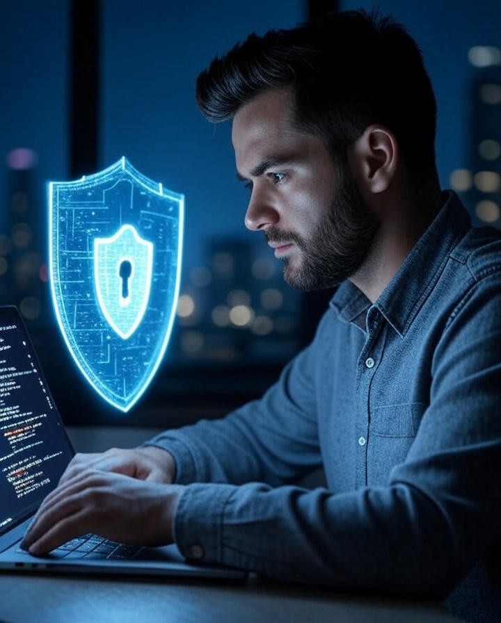developer in a modern workspace, reviewing AI-generated code on a laptop, with a glowing holographic security shield overlay.