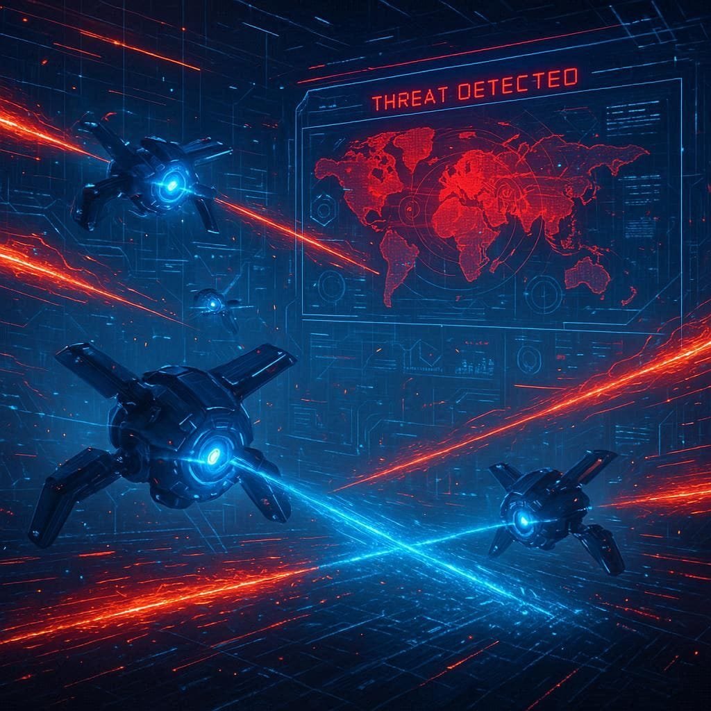 Futuristic AI cybersecurity battle in 2030 showing defense drones stopping data breaches in a neon cyberpunk cityscape.