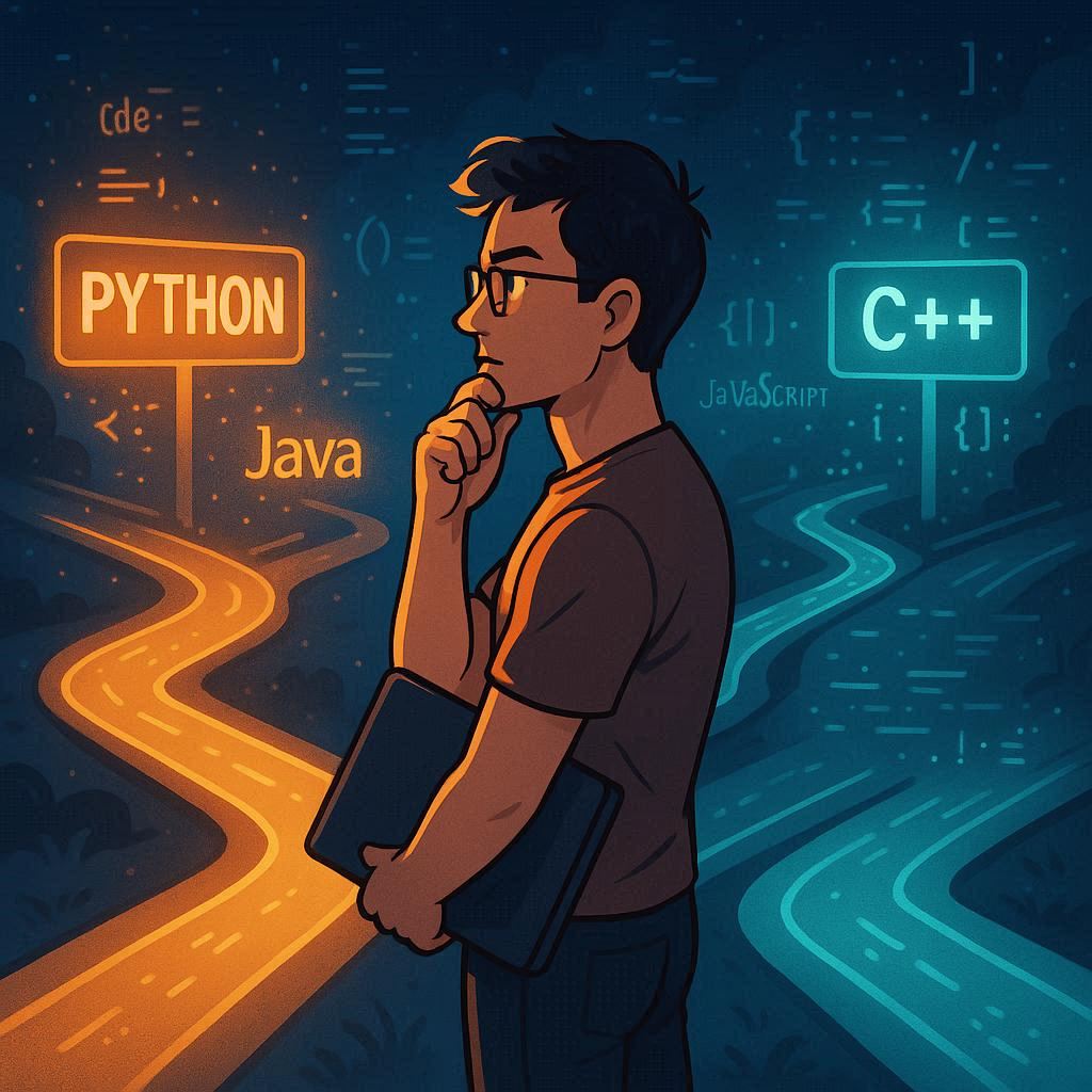 Developer at a crossroads with paths labeled with different programming languages, symbolizing the challenges of mastering multiple languages.