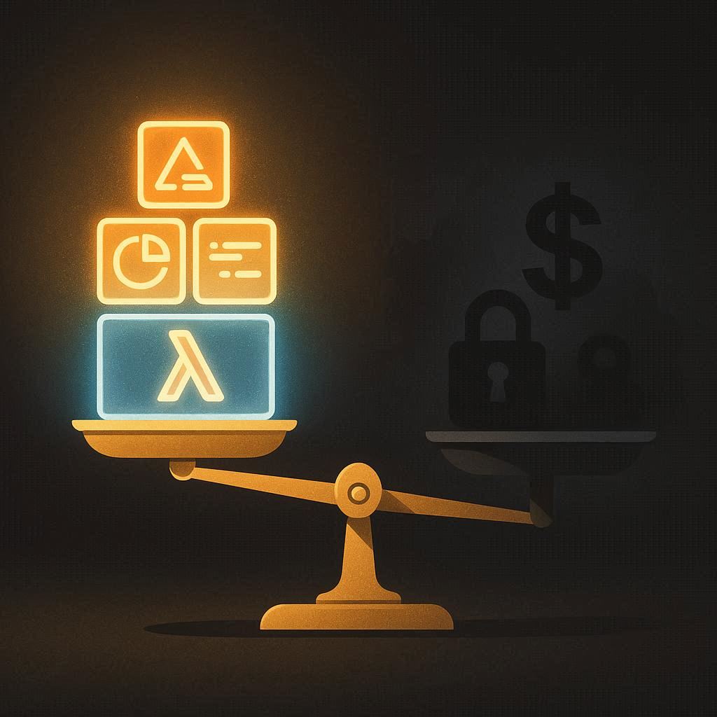 Illustration of a futuristic balance scale with glowing apps on one side and shadowy hidden costs on the other, representing the pros and cons of serverless cloud.