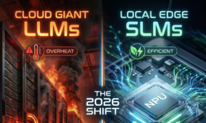 A split-screen comparison illustration showing the shift in AI technology: on the left, massive, overheating red server racks representing traditional Cloud LLMs, and on the right, a cool, efficient blue NPU chip on a laptop motherboard representing the new era of Local Small Language Models (SLMs).
