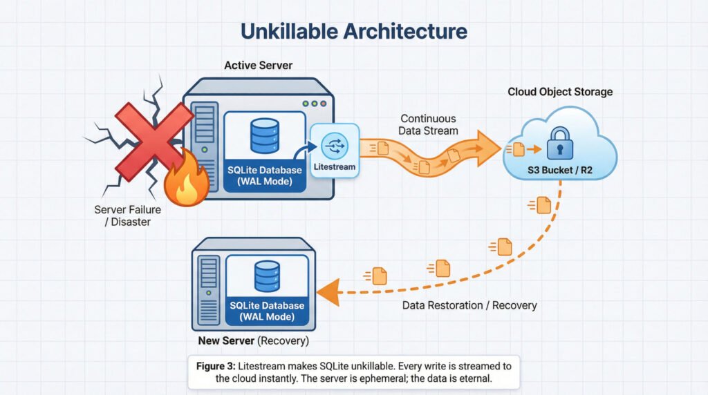 A diagram illustrating how Litestream replicates SQLite data to cloud storage for disaster recovery