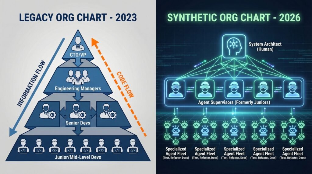A comparison of engineering organizational charts. The 2023 chart is a tall pyramid with many junior developers at the bottom. The 2026 chart is flat, with senior humans managing large fleets of AI agents who handle execution tasks.