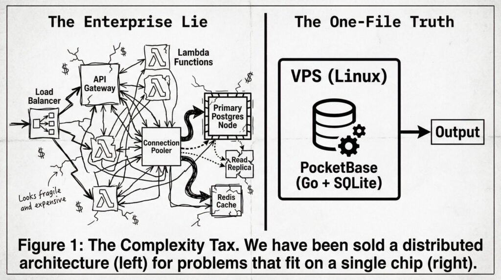 A comparison diagram showing a complex distributed cloud architecture versus a simplified single-server PocketBase architecture.