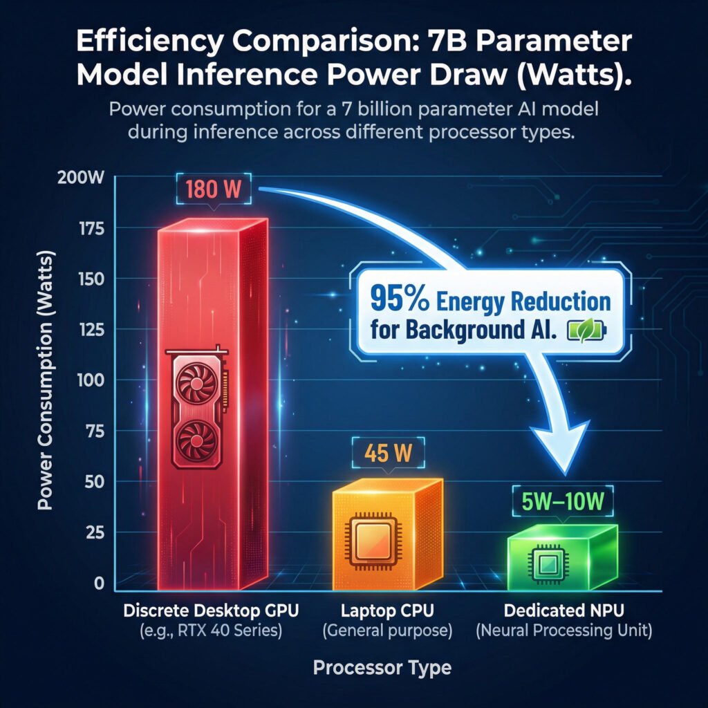 A bar chart showing that specialized NPUs consume significantly less power (5-10 Watts) compared to CPUs and GPUs when running local AI models